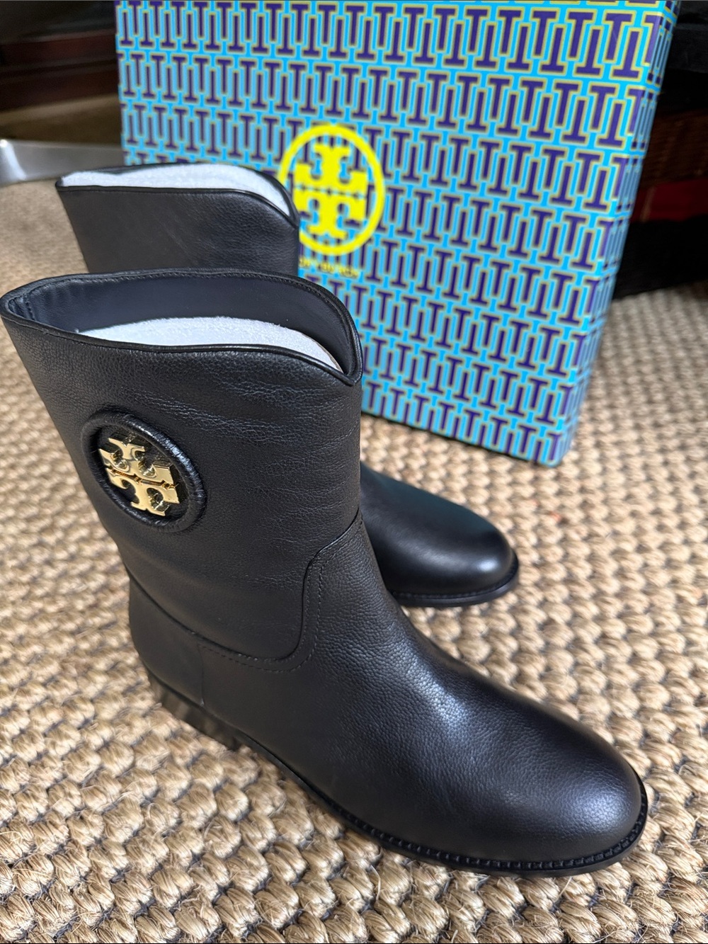 Tory Burch Black Leather Mid-Calf Boots with Gold Logo Medallion. NWT